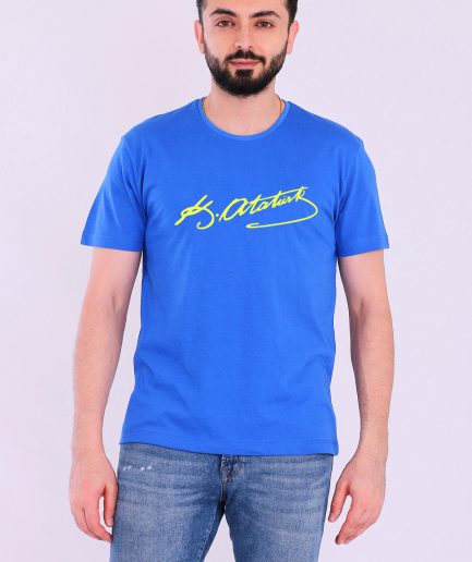 Мужская футболка Slim Fit с коротким рукавом, жёлто-синяя, с подписью Ататюрка, 100% органический хлопок, экосертификация, стильный дизайн