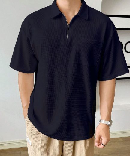 Мужская oversize футболка с поло и вафельной текстурой, 80% хлопок, 20% полиэстер, короткий рукав, с карманом, коллекция лета, размер L