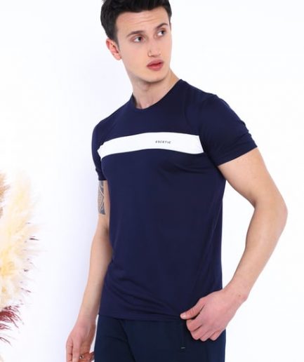 Мужская лаконичная спортивная футболка с круглым вырезом Slimfit из дышащей ткани в темно-синем цвете,Model 0831, 100% местное производство