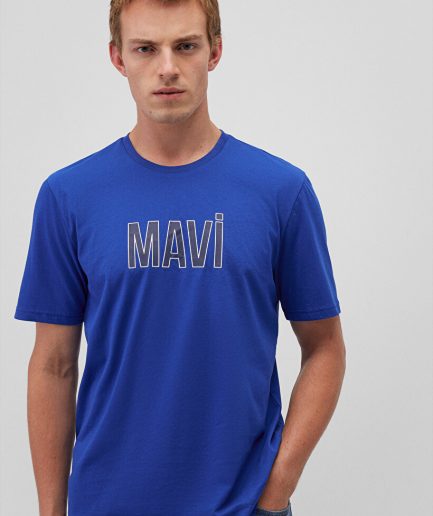 Футболка синяя с логотипом MAVI из 100% хлопка, доступна в размерах S, M, L, XL