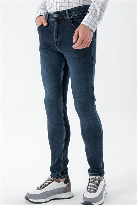 Мужские темно-синие джинсы с завышенной талией, Slim Fit, 5 карманов, 98% хлопок, 2% эластан, модель 32