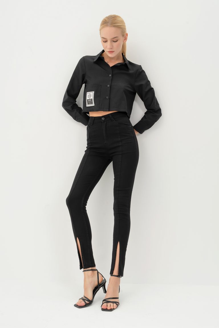 Женские черные джинсы с деталями на манжетах, стрейч, модель Slim Fit, 95% хлопок, 5% эластан, размер 26