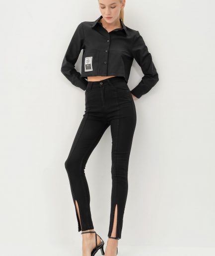 Женские черные джинсы с деталями на манжетах, стрейч, модель Slim Fit, 95% хлопок, 5% эластан, размер 26