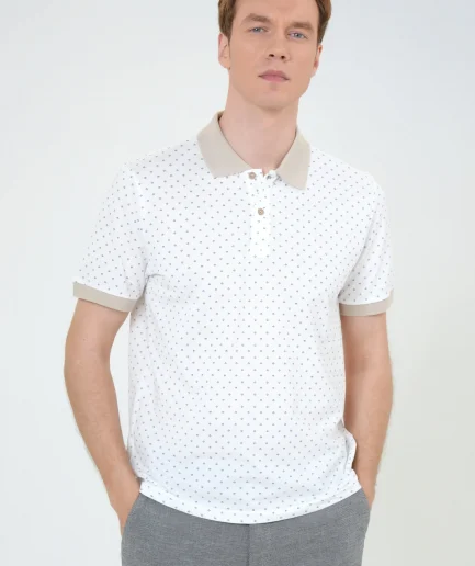 Поло-майка с принтом, Slim Fit, 100% хлопок, белая, модель с воротником, Турция