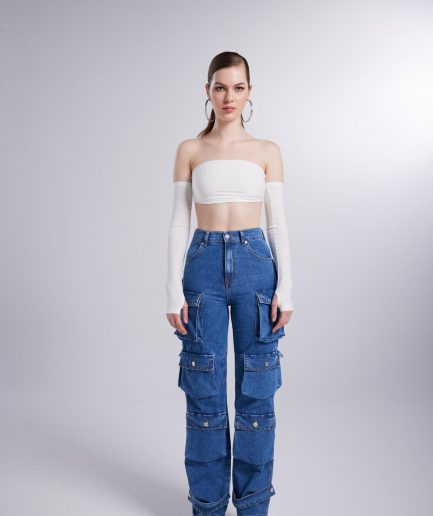 Карманы джинсы с высокой талией, свободные, цвет синий, размеры XS / 24, S / 26, M / 28, L / 30