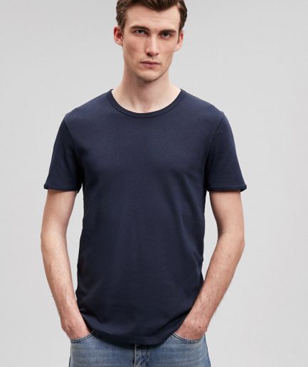 Футболка с рибаной, темно-синяя, 100% хлопок, slim fit, круглый вырез, короткий рукав, супер мягкая ткань, размер XS