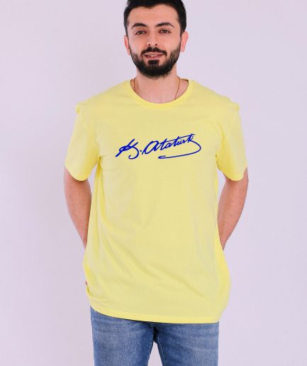 Желтая футболка мужская slim fit с подписью Ататюрка, 100% органический хлопок, сертификация Ecotex и GOTS