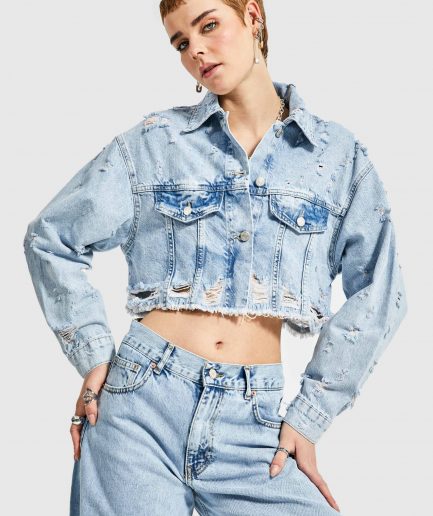 Женская куртка из 100%cotton с рваным деталями, размер 34-42, цвет лазурный снежный