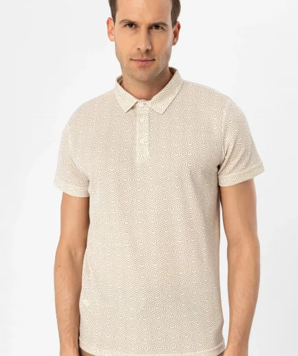 Футболка с узором поло, Slim Fit, 100% полиэстер, цвет экрю, размеры XL, L, M, XXL, Турецкое производство