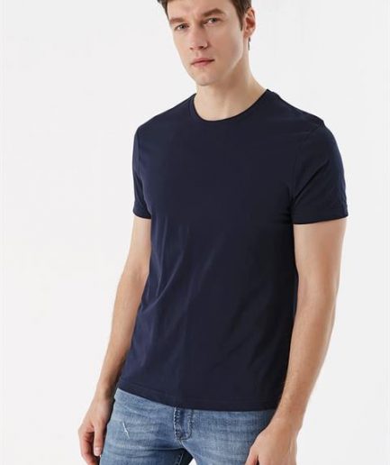 Мужская темно-синяя базовая футболка с круглым вырезом из 100% хлопка,Slim Fit, короткий рукав, без карманов
