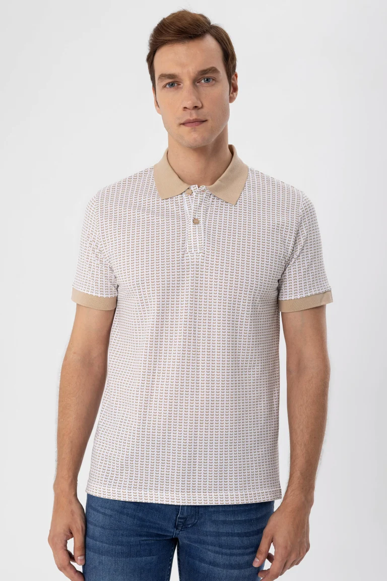 Поло-майка с принтом, slim-fit, 100% хлопок, белая, производится в Турции, модель с воротником-поло