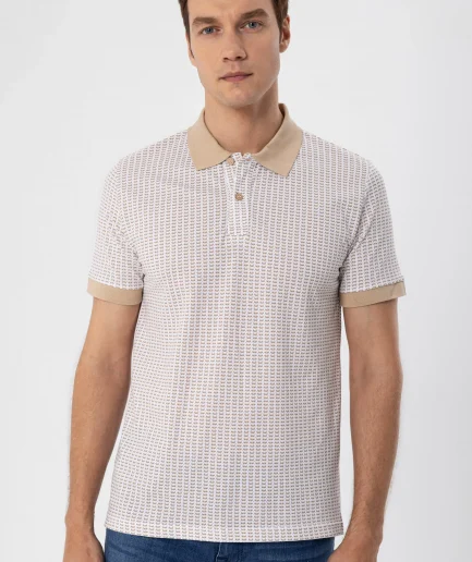 Поло-майка с принтом, slim-fit, 100% хлопок, белая, производится в Турции, модель с воротником-поло