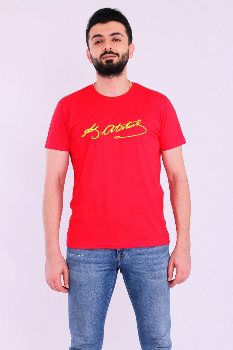 Футболка с коротким рукавом для мужчин Slim Fit с подписью Ататюрка, красного цвета, 100% органический хлопок, сертифицированный Ecotex и GOTS