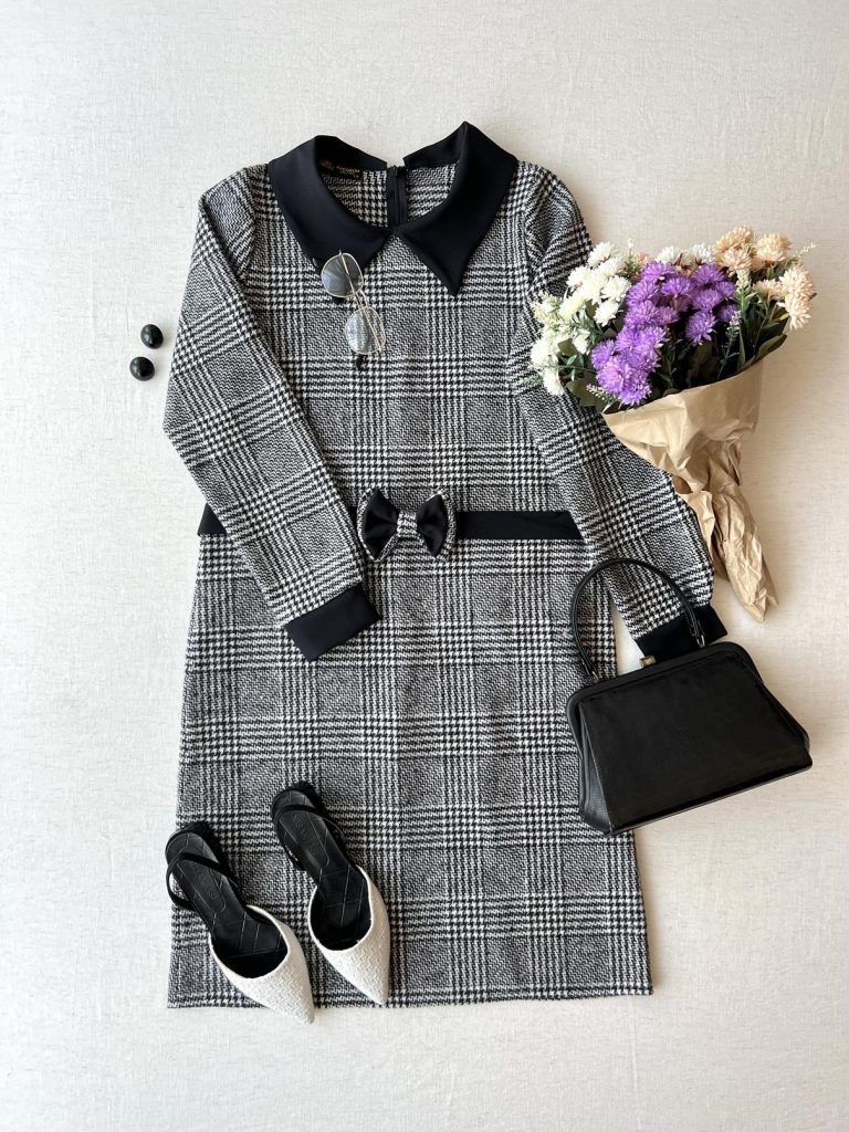 Платье зимнее черное в клетку с поясом из 100% хлопка, без прозрачности, модель S/36, длина 100 см, размеры 36-46