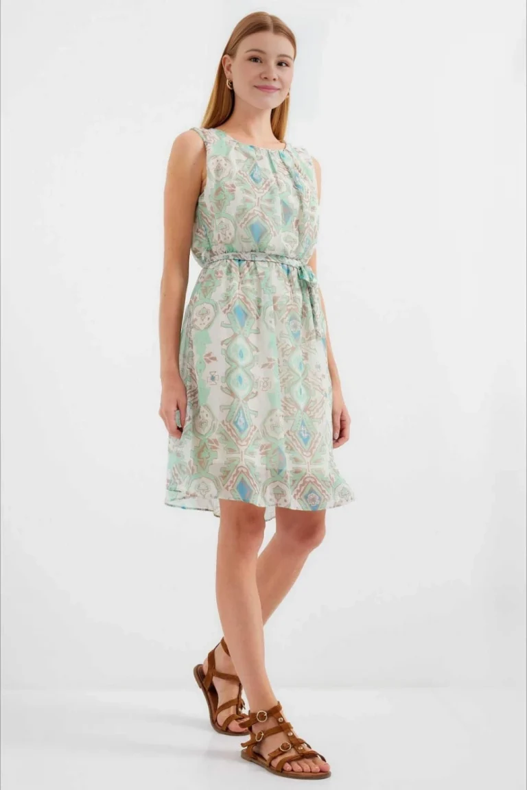 Женское зеленое платье из шифона с поясом и эластичным поясом, без рукавов, принт, 100% полиэстер, с подкладкой, размер 36, длина 95 см