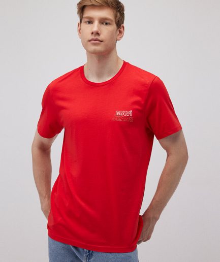 Красная футболка с принтом Mavi Jeans из 100% хлопка, доступна в размерах S, M, L, XL, XXL, стильный логотип в коллекции