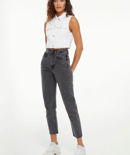 Джинсы Mom Fit серого цвета из 100% хлопка, размер 32, высокий пояс, удобная модель без лайкры